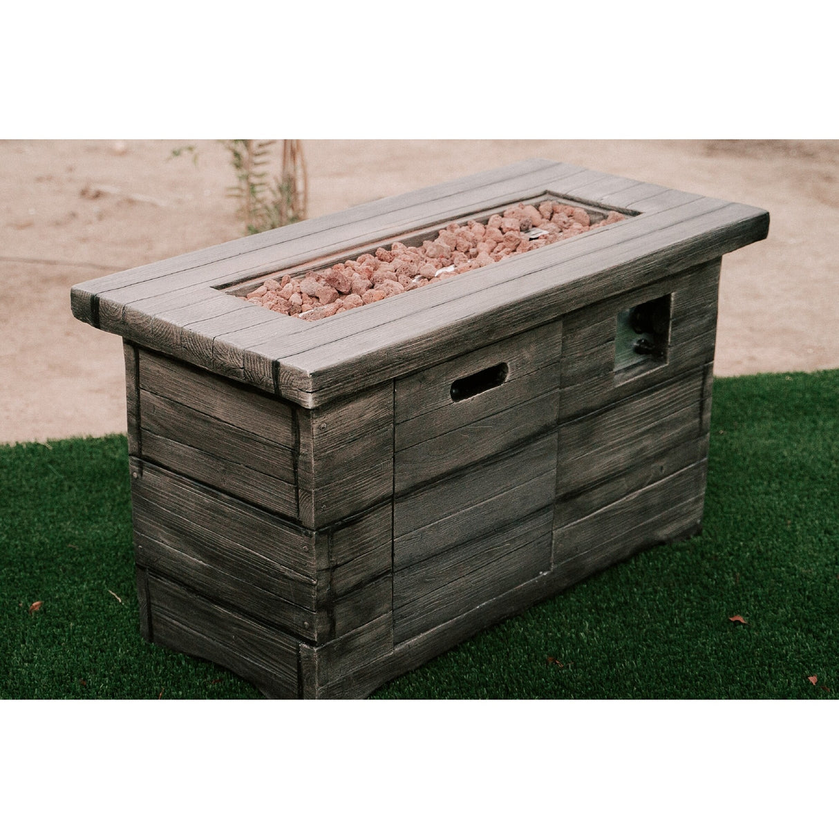 XBrand 42.1"L Rectangular Black MgO/Metal Outdoor Propane Gas Smokeless Fire Pit Table with Volcanic Rocks & Rain Cover