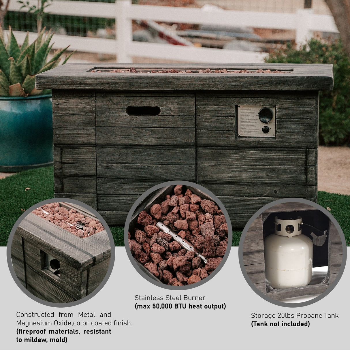 XBrand 42.1"L Rectangular Black MgO/Metal Outdoor Propane Gas Smokeless Fire Pit Table with Volcanic Rocks & Rain Cover