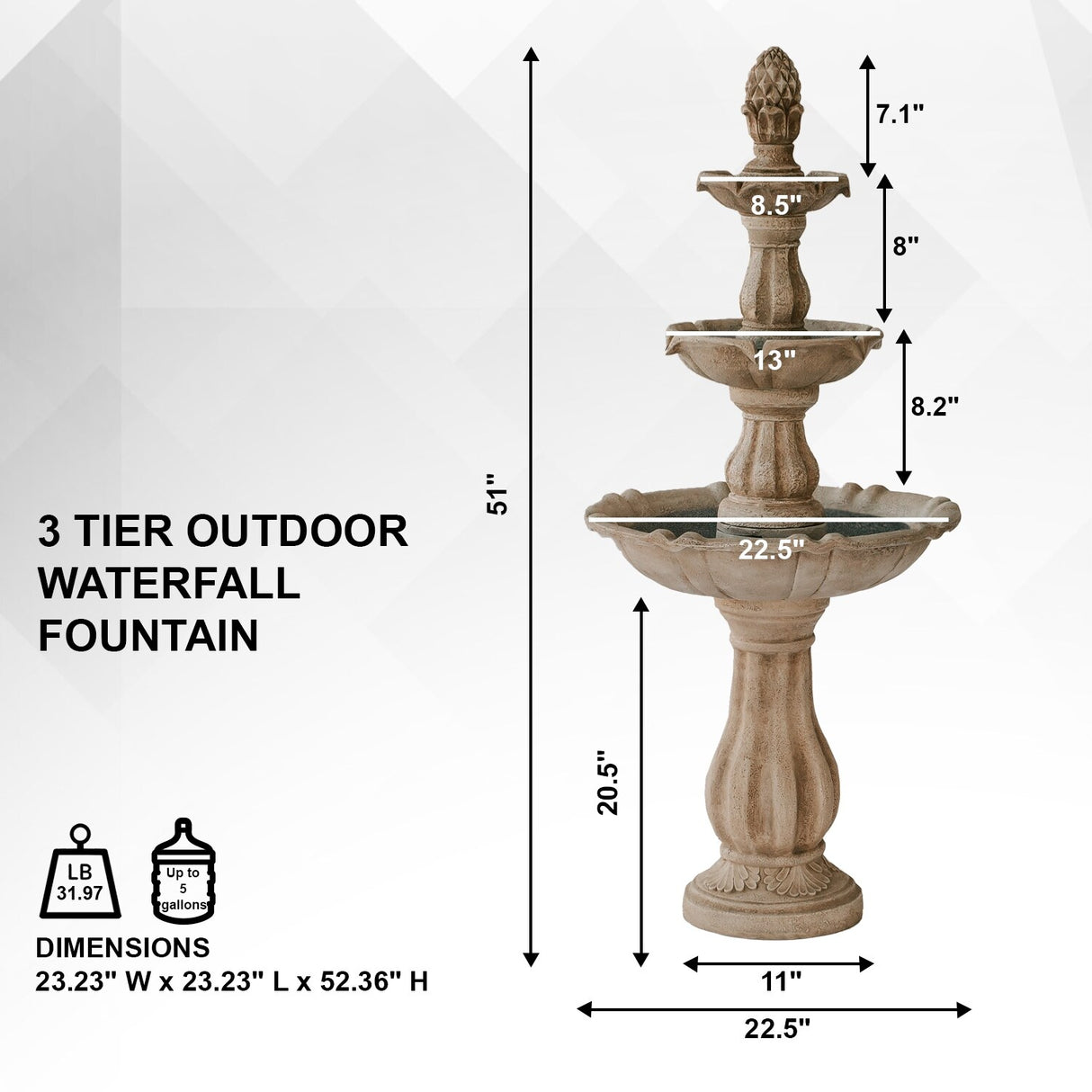 XBrand 51 in Tall 3-Tier Freestanding Waterfall Fountain, Outdoor Garden, Yard, Lawn, Porch Décor