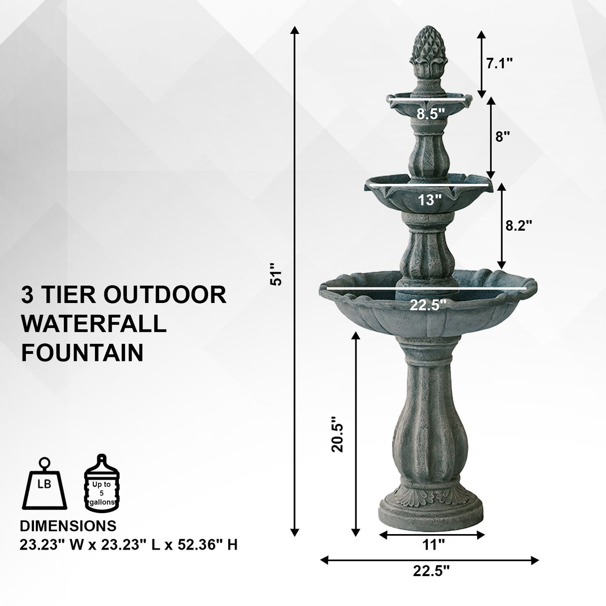 XBrand 51 in Tall 3-Tier Freestanding Waterfall Fountain, Outdoor Garden, Yard, Lawn, Porch Décor