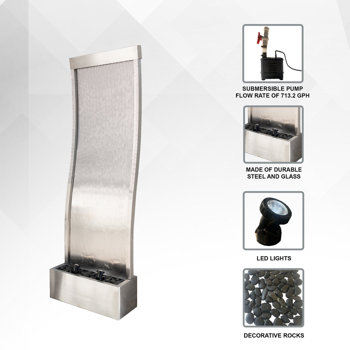 XBrand 72 Inch Mirror Water Fountain, Steel, Indoor, Includes Pump, LED Lights and Rocks, Home Office Décor