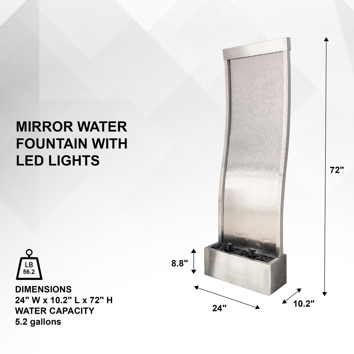 XBrand 72 Inch Mirror Water Fountain, Steel, Indoor, Includes Pump, LED Lights and Rocks, Home Office Décor