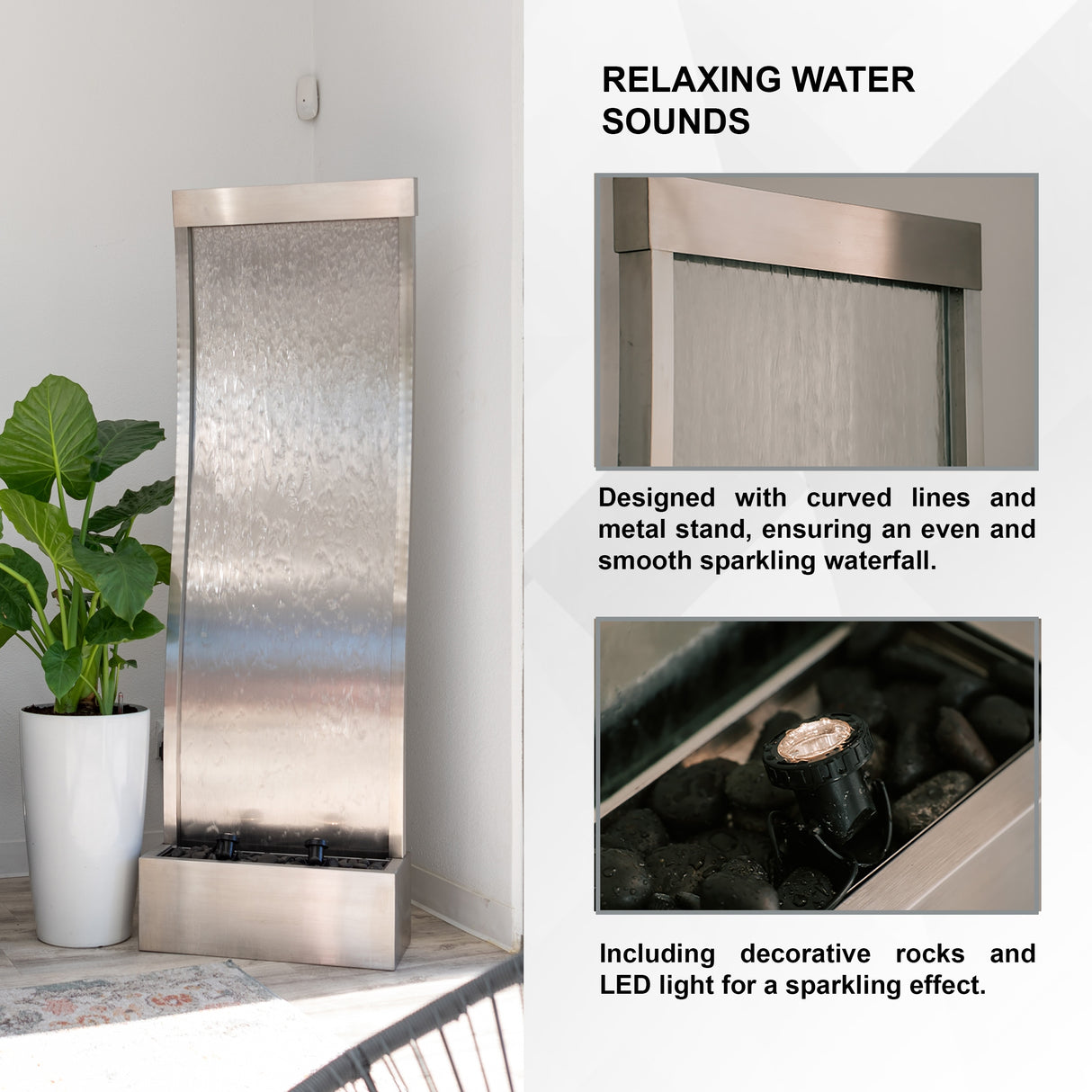 XBrand 72 Inch Mirror Water Fountain, Steel, Indoor, Includes Pump, LED Lights and Rocks, Home Office Décor
