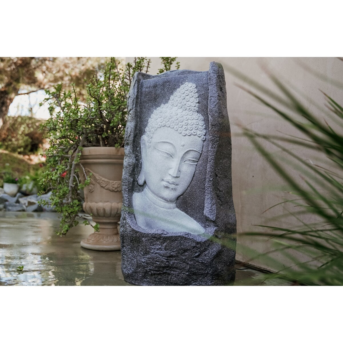 XBrand Buddha Waterfall Fountain, Indoor and Outdoor Relaxing Zen Decor, 34 Inch Tall, White