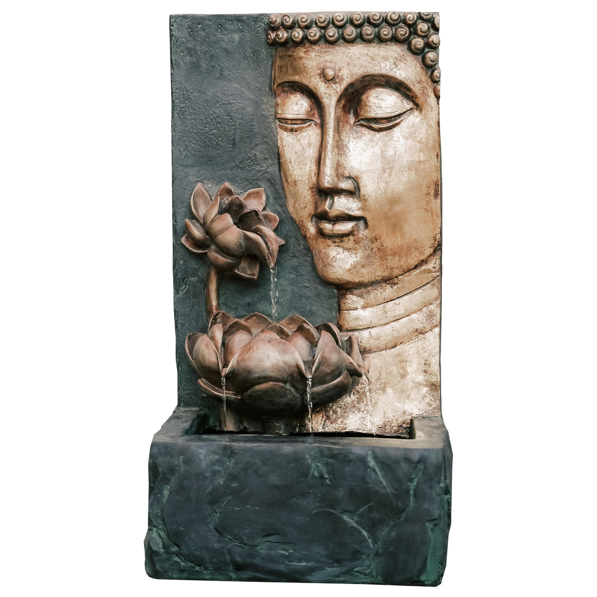 XBrand Cascading Buddha Face Indoor Outdoor Zen Water Fountain w/LED Light, 30 Inch Tall, Bronze and Grey