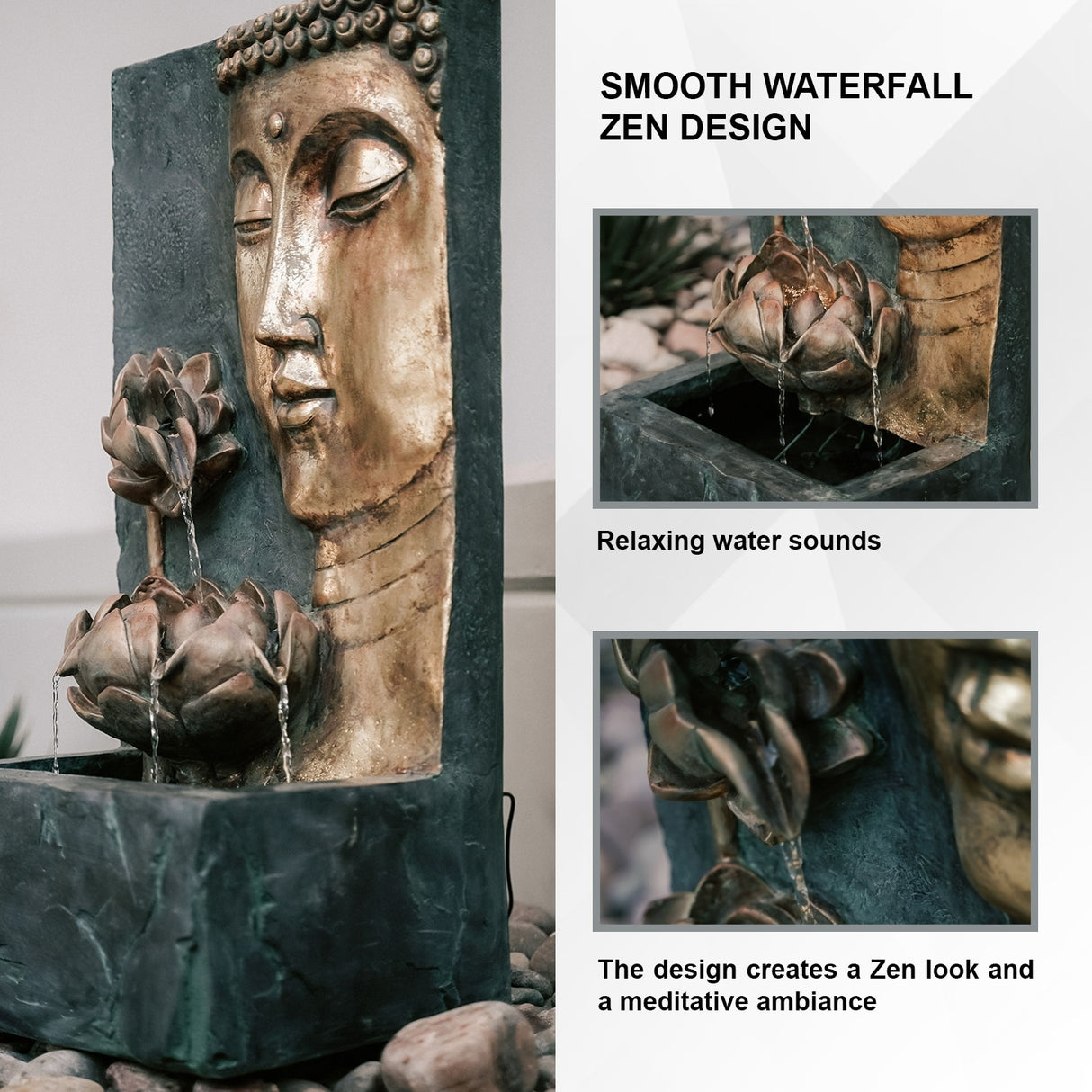 XBrand Cascading Lotus Buddha Face Indoor Outdoor Zen Water Fountain w/LED Light, 30 Inch Tall, Bronze and Natural Grey