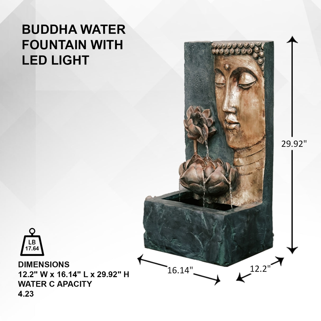 XBrand Cascading Lotus Buddha Face Indoor Outdoor Zen Water Fountain w/LED Light, 30 Inch Tall, Bronze and Natural Grey