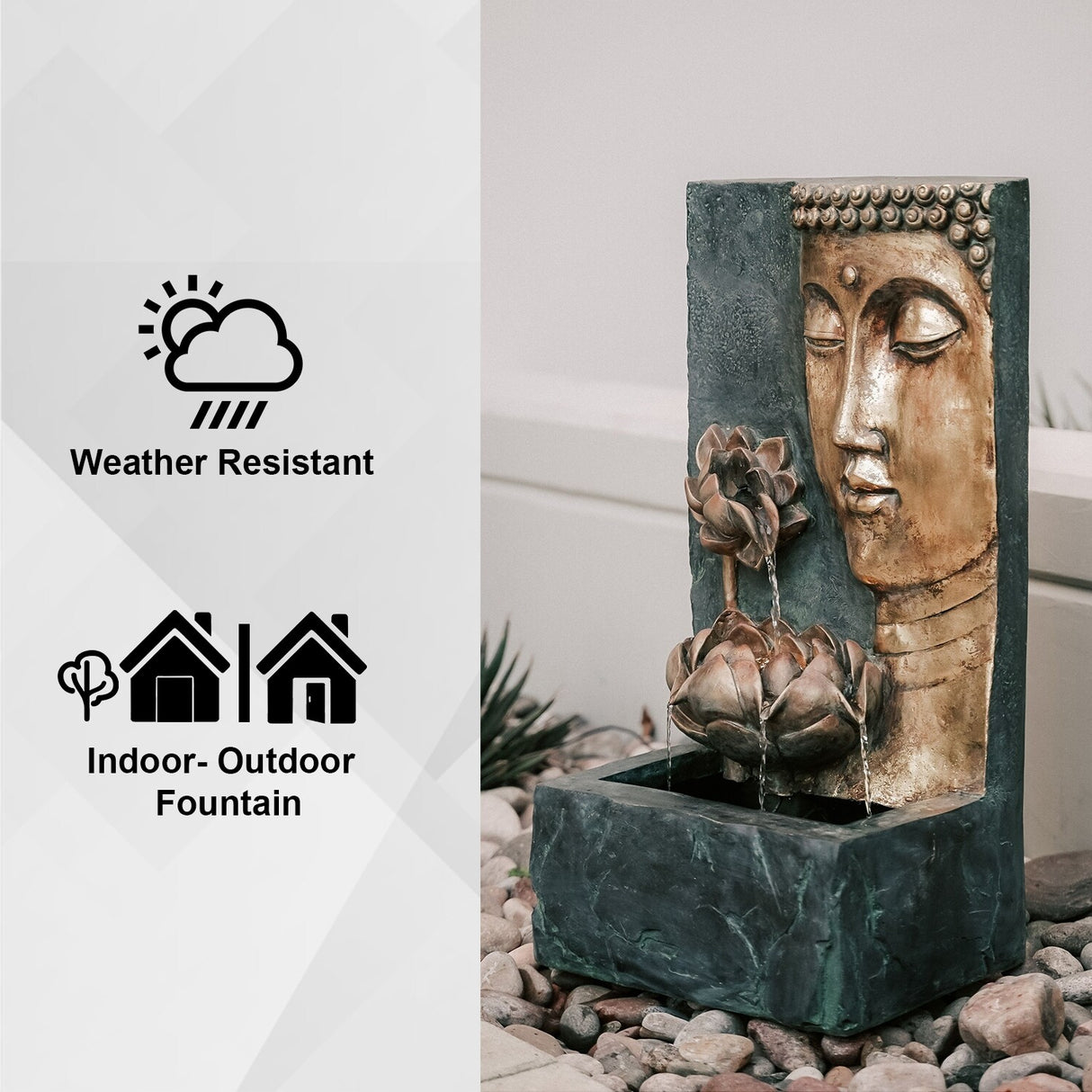 XBrand Cascading Lotus Buddha Face Indoor Outdoor Zen Water Fountain w/LED Light, 30 Inch Tall, Bronze and Natural Grey