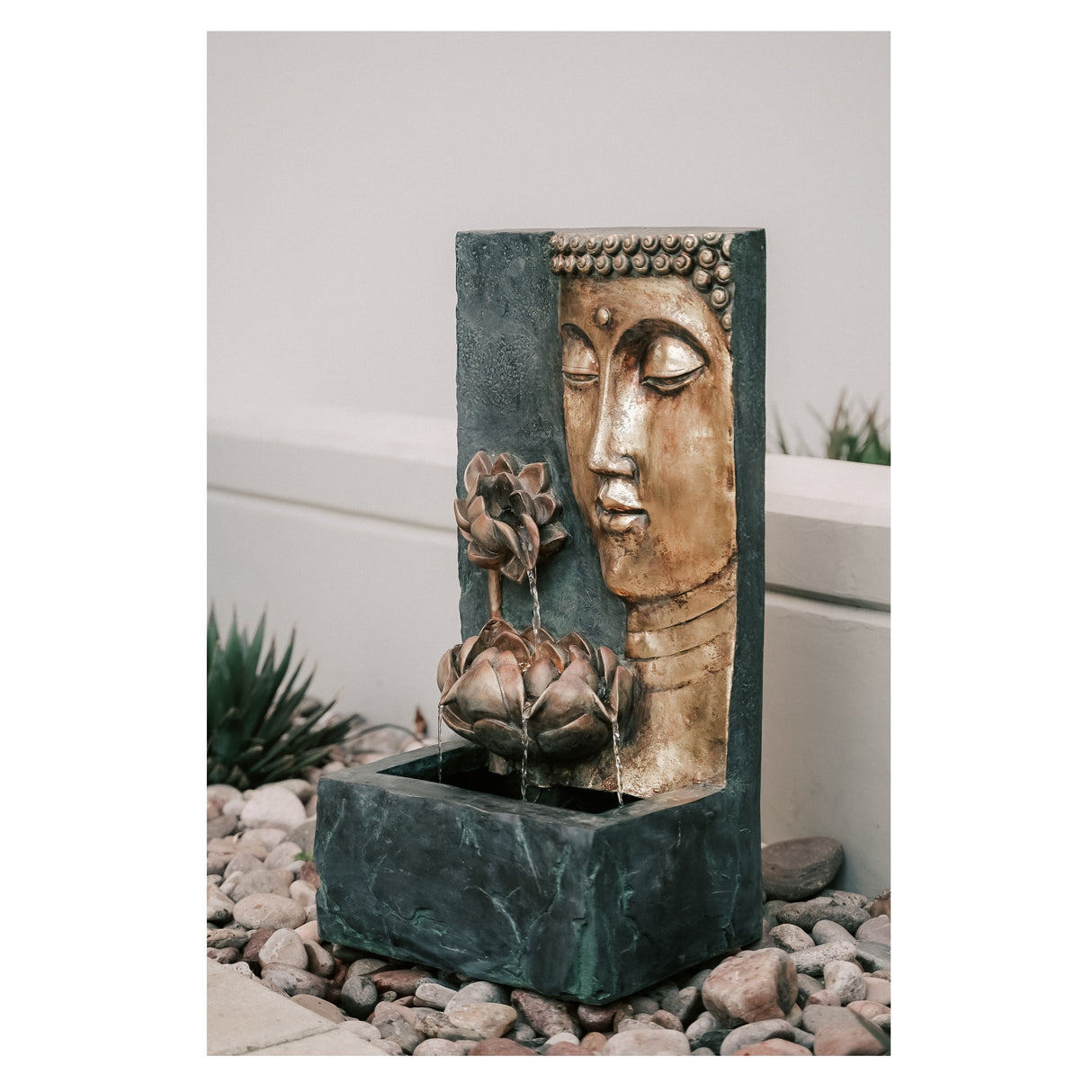 XBrand Cascading Lotus Buddha Face Indoor Outdoor Zen Water Fountain w/LED Light, 30 Inch Tall, Bronze and Natural Grey