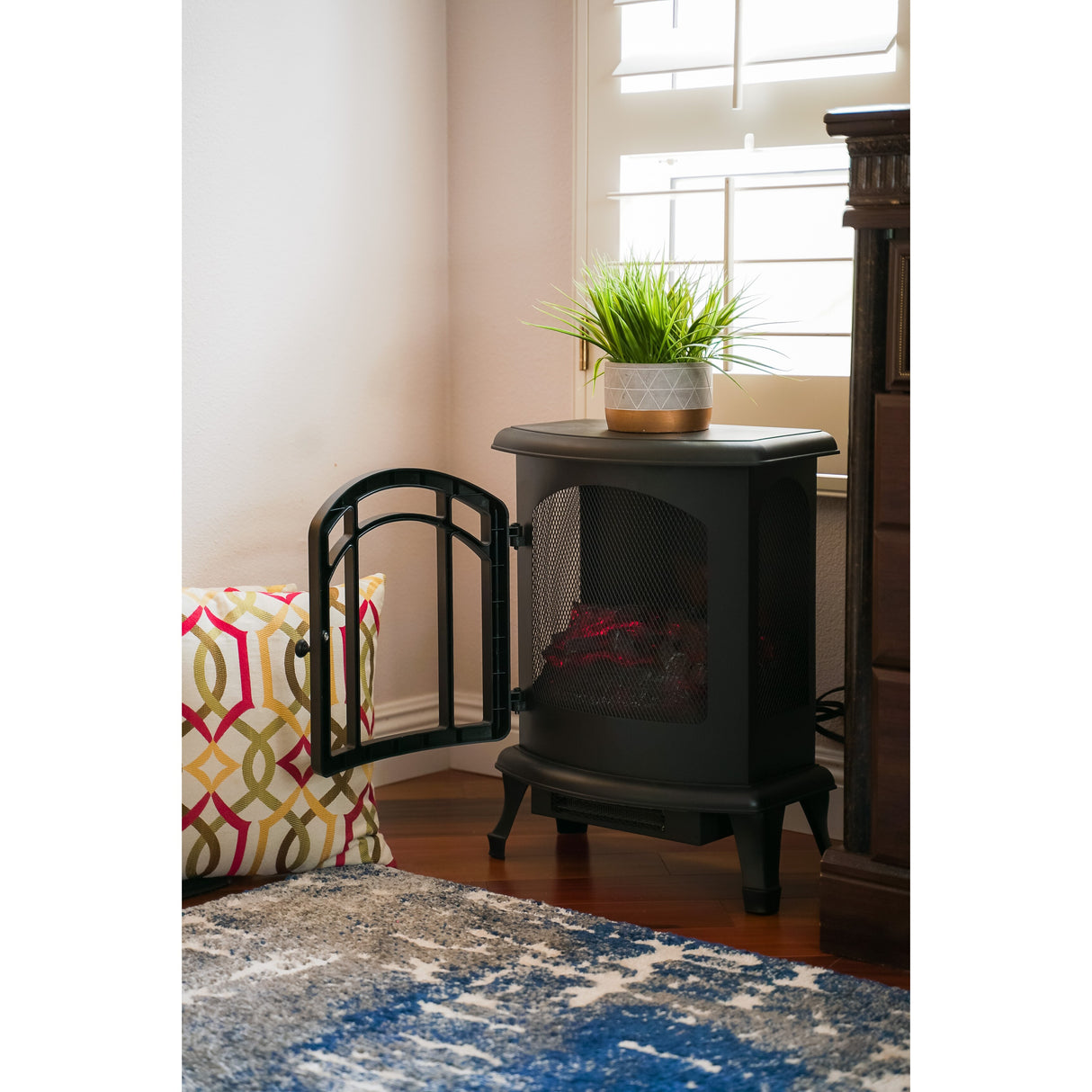 XBrand Electric Fireplace Stove, Indoor Portable Heater, LED Flame Effect, Temperature Control, 600W/1500W, 23.9" H, Black