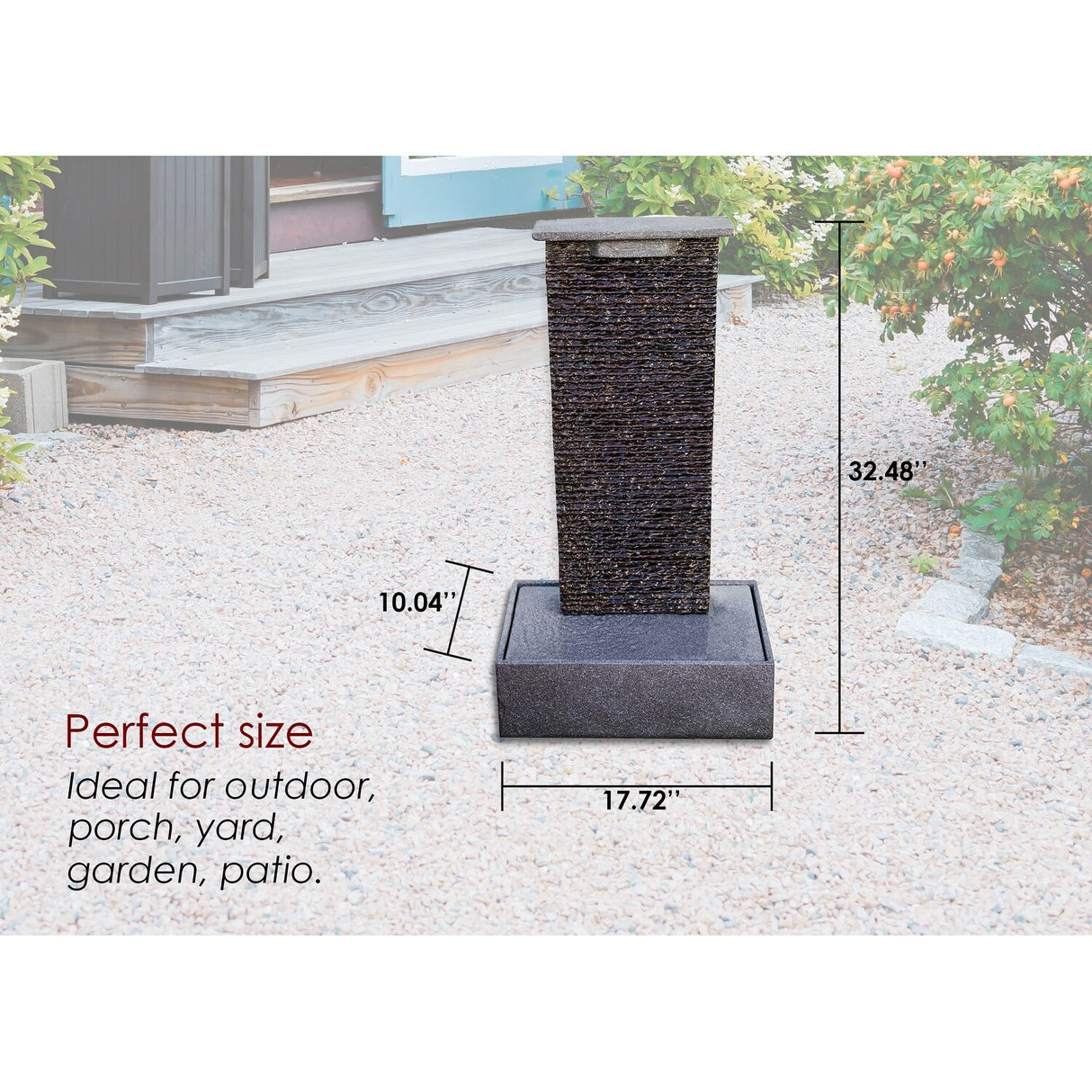 XBrand Free Standing Ridge Water Fountain w/Pedestal, Indoor Outdoor Décor, 32.5 Inch Tall, Black