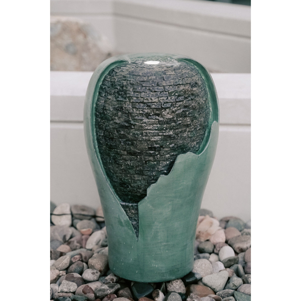XBrand 25" Tall Modern Round Broken Egg Shell Jar Waterfall Fountain w/LED & Auto Shut Off Pump, Indoor/Outdoor Decor, Turquoise