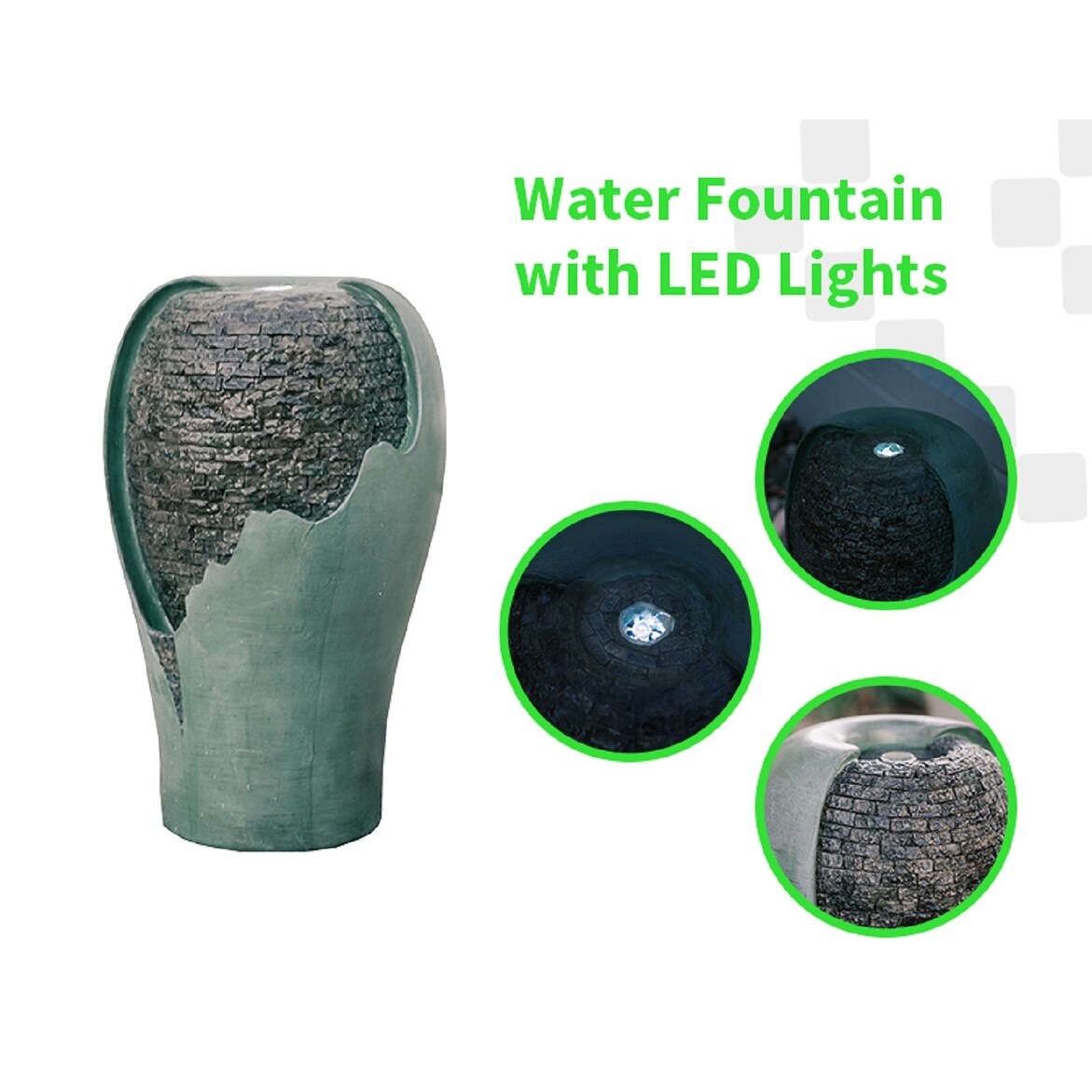 XBrand 25" Tall Modern Round Broken Egg Shell Jar Waterfall Fountain w/LED & Auto Shut Off Pump, Indoor/Outdoor Decor, Turquoise