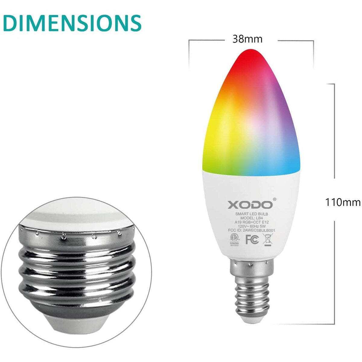 XODO Smart Wi-Fi C37 E12 Dimmable Light Bulb LB4-2PK - 5W (30W Equivalent) 350LM RGB+W - LED Multi Color Smart Bulb (2-Pack)