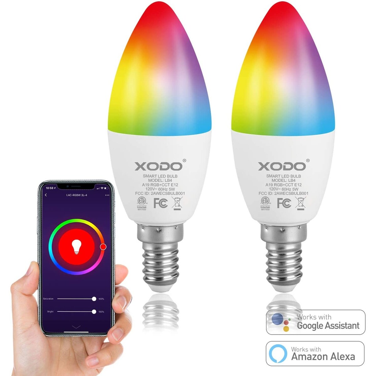 XODO Smart Wi-Fi C37 E12 Dimmable Light Bulb LB4-2PK - 5W (30W Equivalent) 350LM RGB+W - LED Multi Color Smart Bulb (2-Pack)