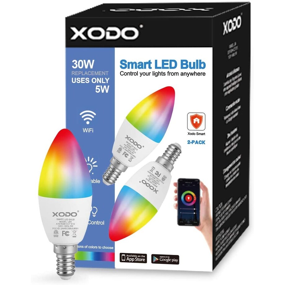 XODO Smart Wi-Fi C37 E12 Dimmable Light Bulb LB4-2PK - 5W (30W Equivalent) 350LM RGB+W - LED Multi Color Smart Bulb (2-Pack)
