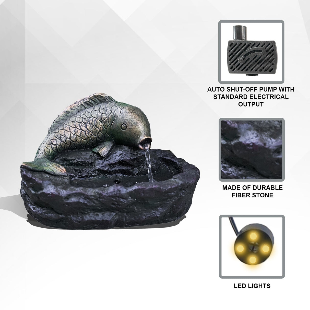 XBrand 12" Outdoor Freestanding Fish Spitter Water Fountain with Auto Shut Off Pump, Garden, Lawn, Porch Décor, Bronze and Grey