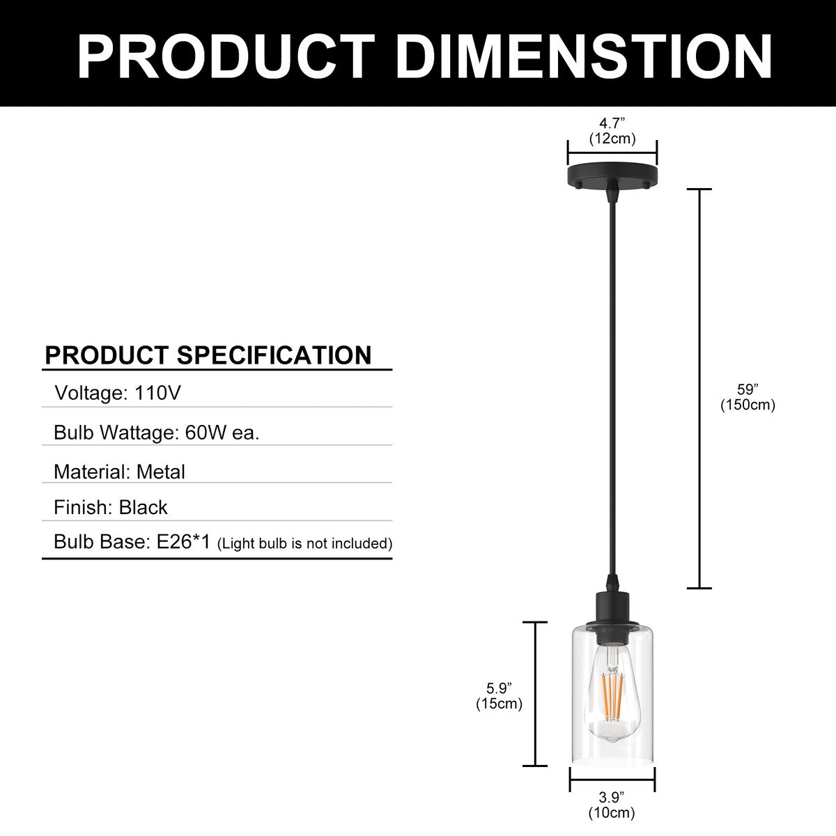 YANSUN 1-Light Modern Matte Black Island Pendant Light Rustic Farmhouse Industrial Hanging Light for Kitchen Dining 2 Pack