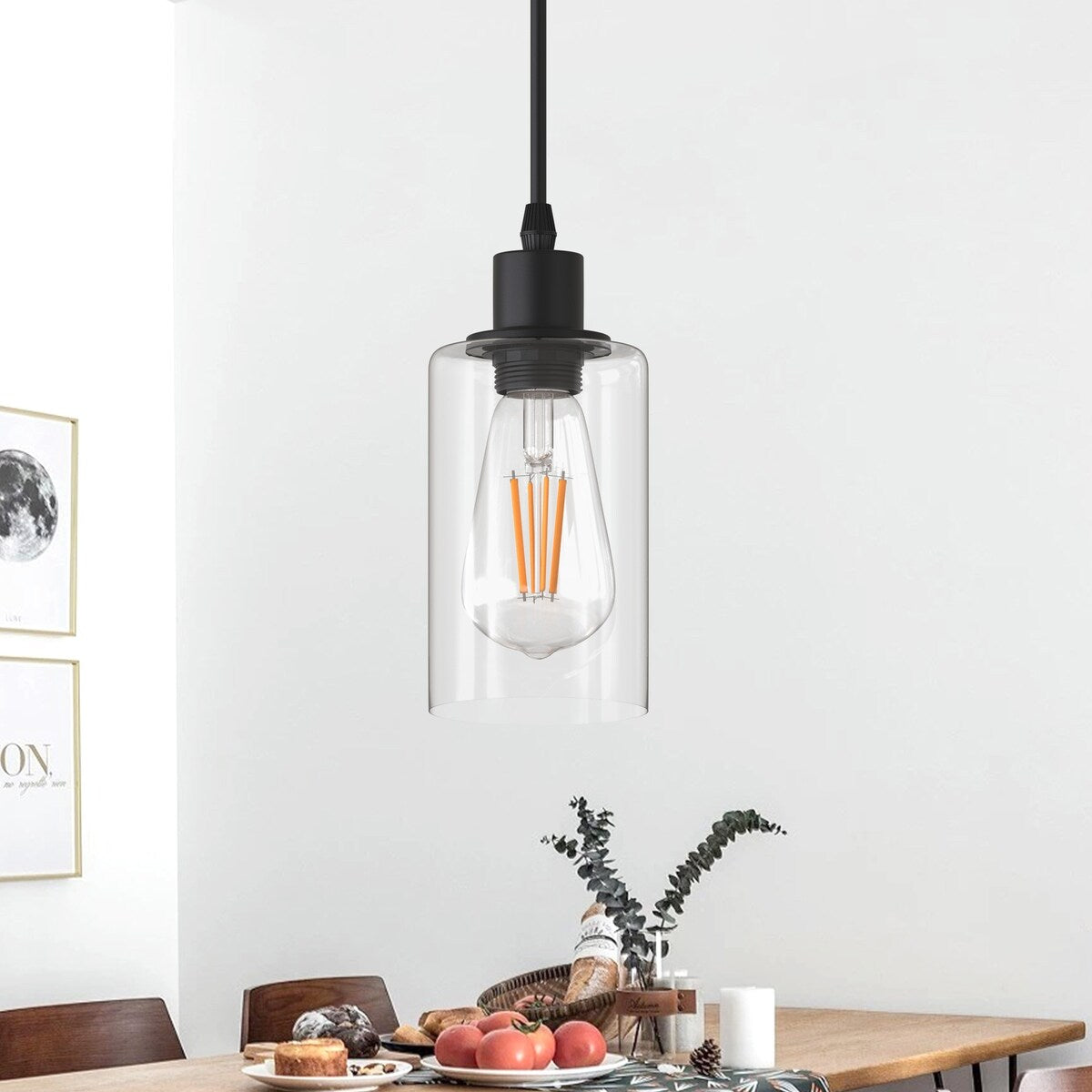 YANSUN 1-Light Modern Matte Black Island Pendant Light Rustic Farmhouse Industrial Hanging Light for Kitchen Dining 2 Pack