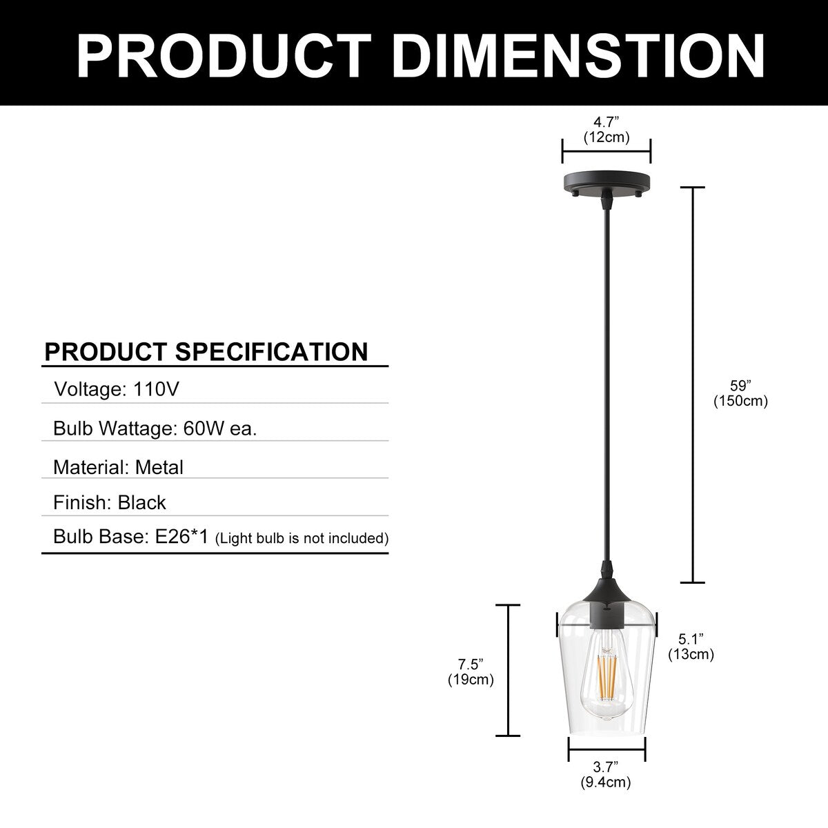 YANSUN 1-Light Modern Matte Black Island Pendant Light Rustic Farmhouse Industrial Hanging Light for Kitchen Dining 2 Pack