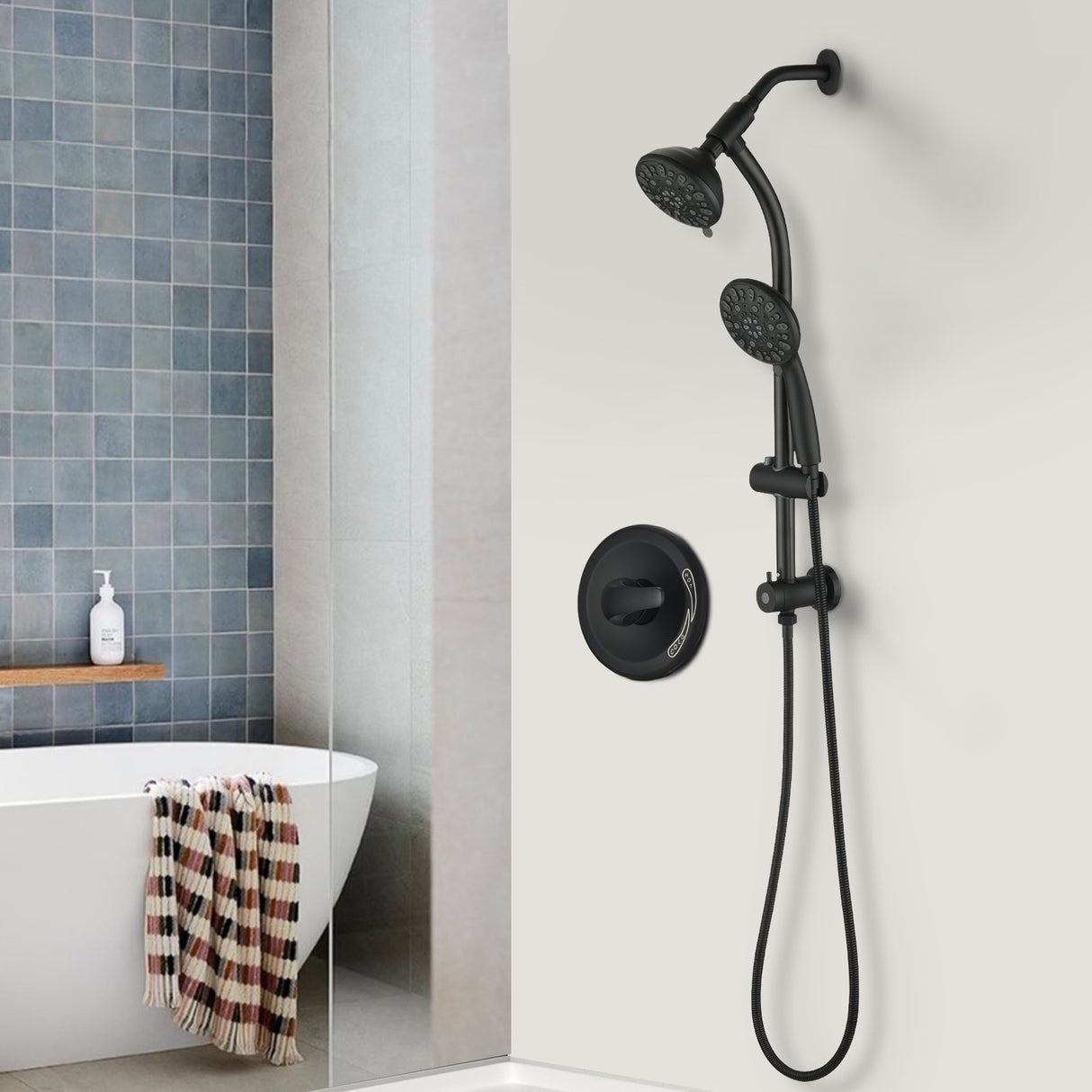 YASINU Drill-Free Slide Bar Combo Rain Showerhead Dual Shower Head Spa System with Valve