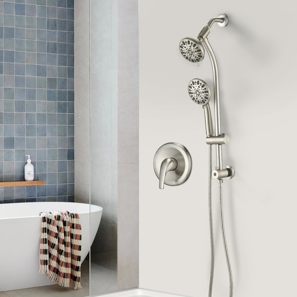 YASINU Drill-Free Slide Bar Combo Rain Showerhead Dual Shower Head Spa System with Valve