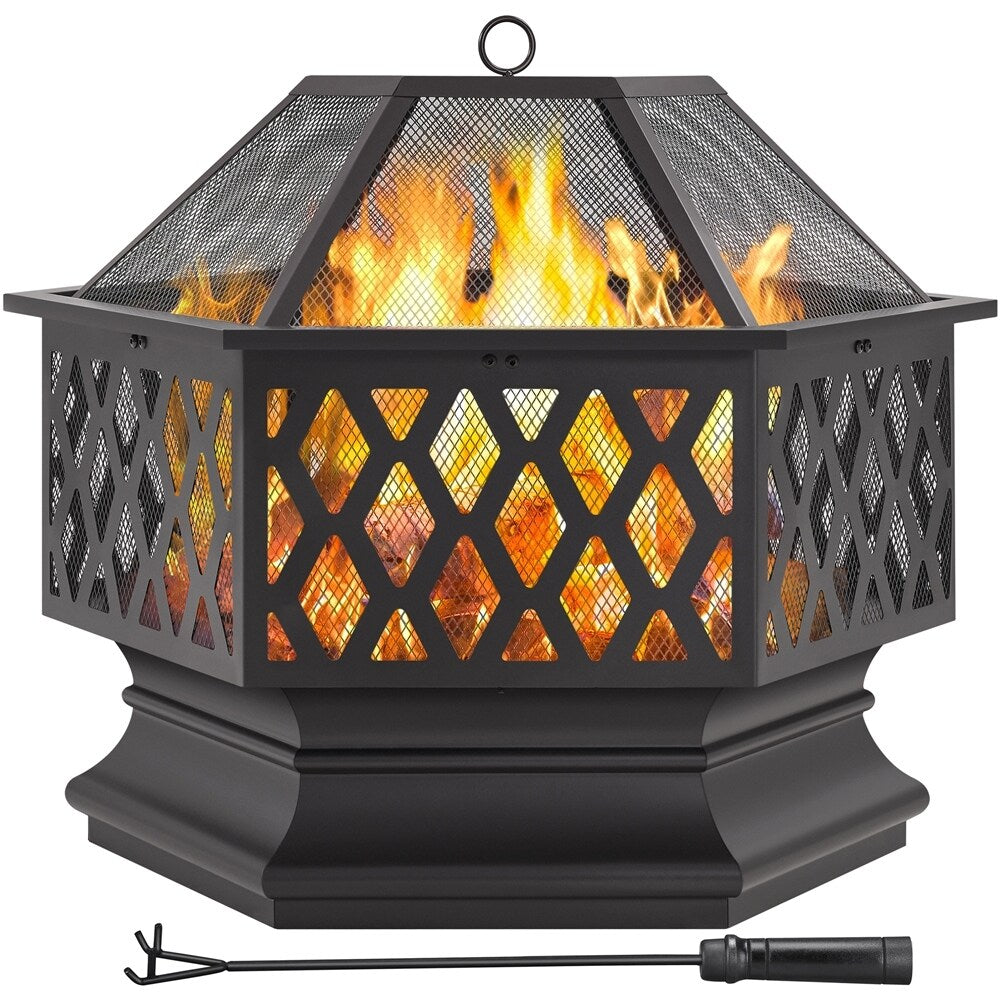 Yaheetech 28" Hex-Shaped Fire Pit Outdoor Fire Pit Wood Burning Metal Firepit Bowl with Spark Screen - N/A