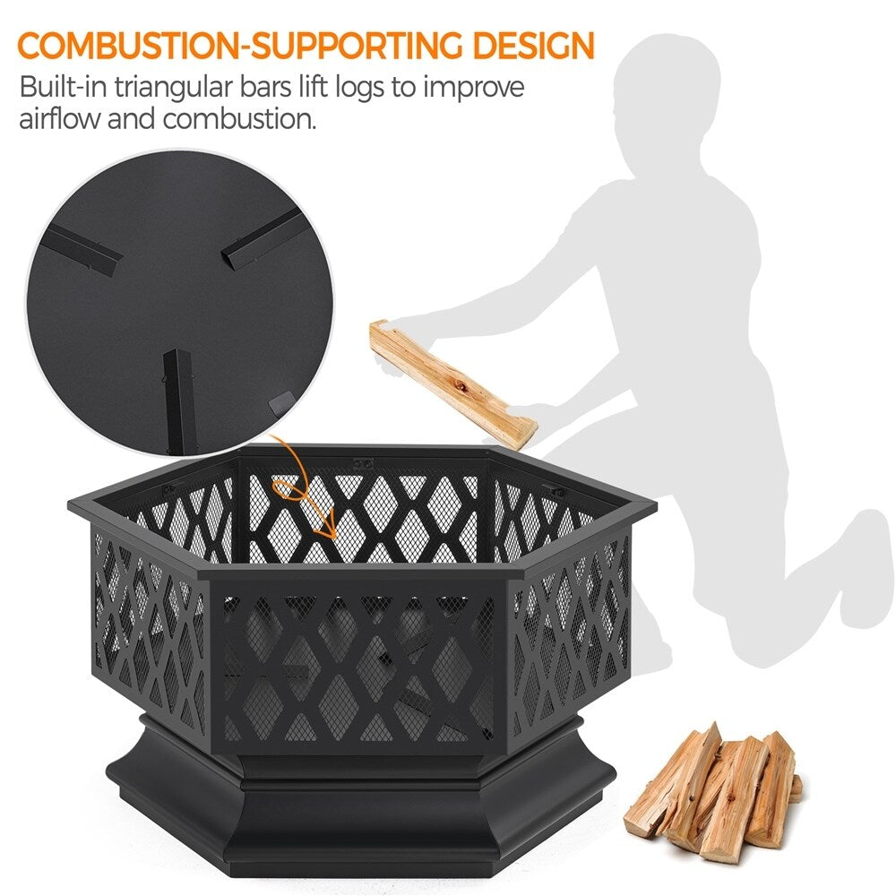 Yaheetech 28" Hex-Shaped Fire Pit Outdoor Fire Pit Wood Burning Metal Firepit Bowl with Spark Screen - N/A