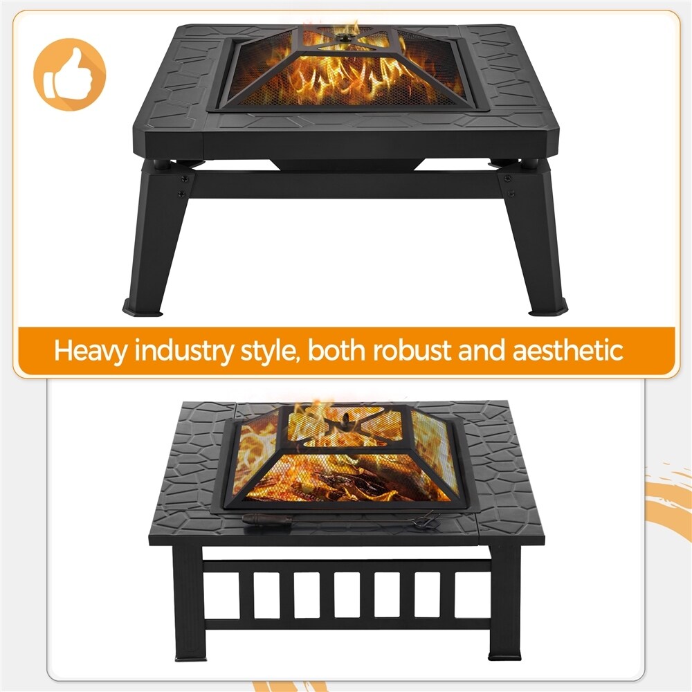 Yaheetech 32in Fire Pit Table Outdoor Patio Fire Pits Square Steel Stove with Mesh Screen and Cover - N/A