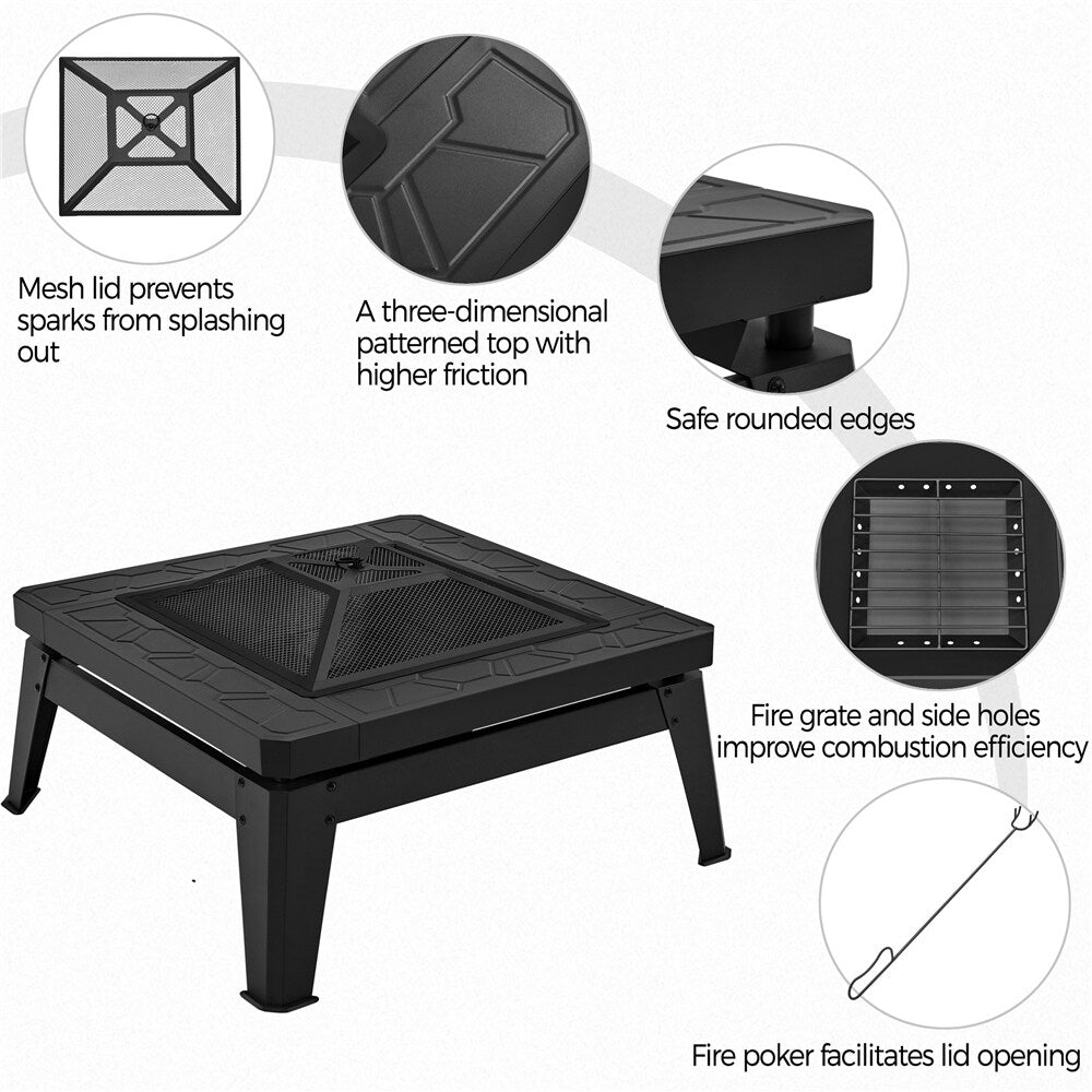 Yaheetech 32in Fire Pit Table Outdoor Patio Fire Pits Square Steel Stove with Mesh Screen and Cover - N/A