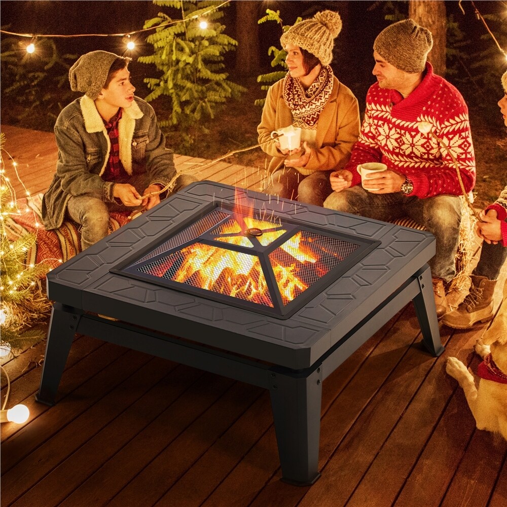 Yaheetech 32in Fire Pit Table Outdoor Patio Fire Pits Square Steel Stove with Mesh Screen and Cover - N/A