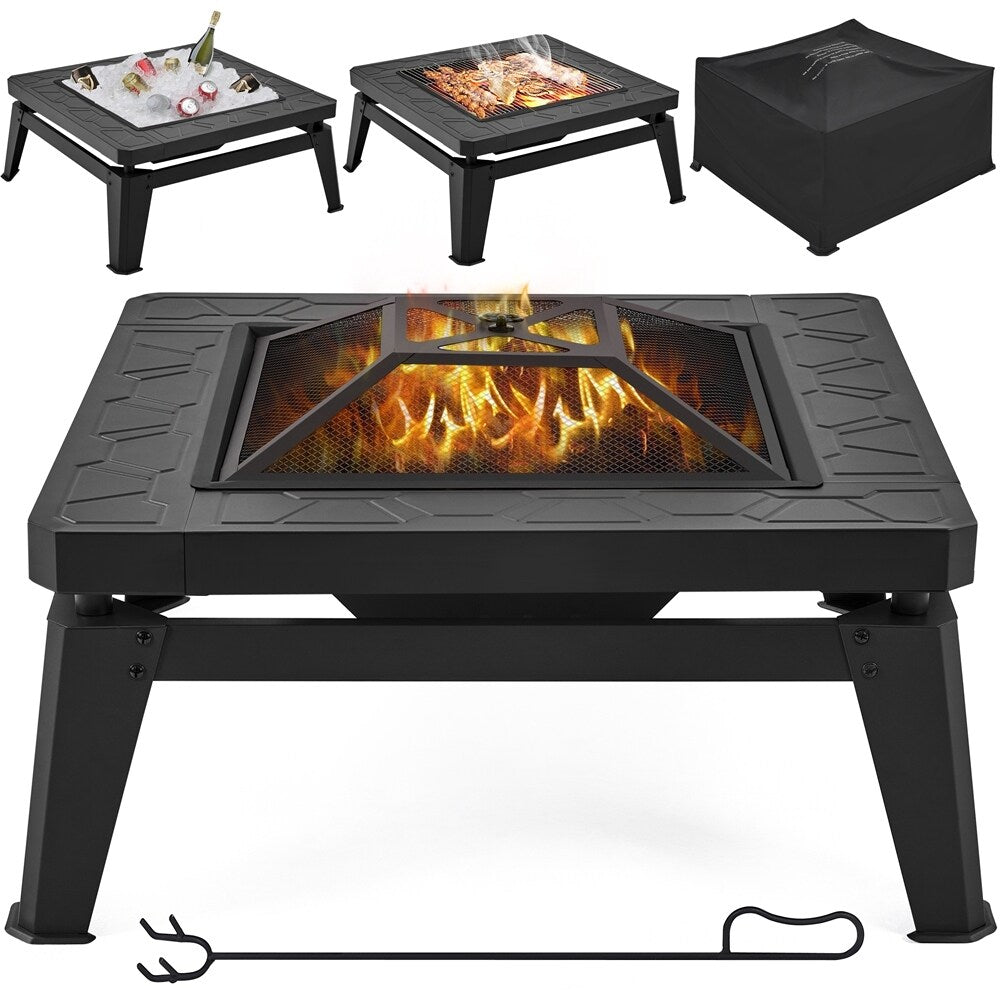 Yaheetech 32in Fire Pit Table Outdoor Patio Fire Pits Square Steel Stove with Mesh Screen and Cover - N/A