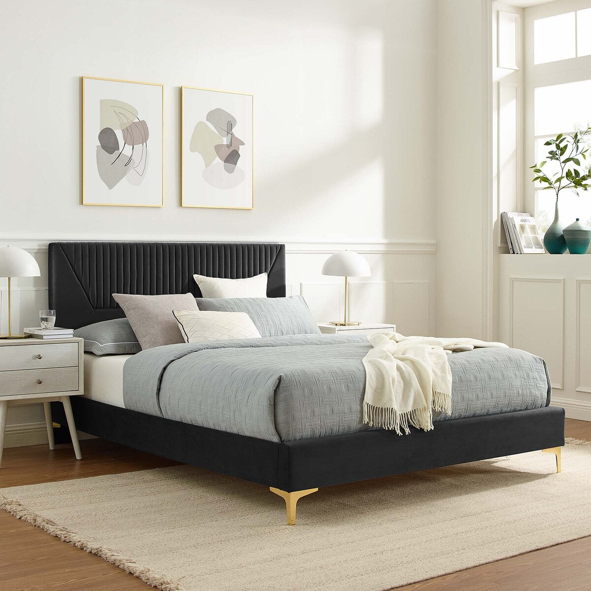 Yasmine Channel Tufted Performance Velvet Queen Platform Bed
