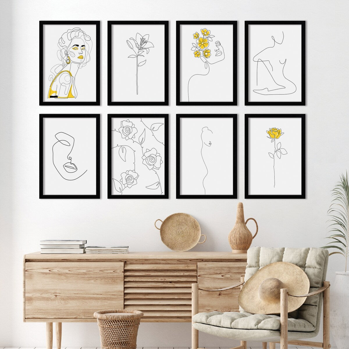 Yellow Femme Line Art by Explicit Design - 8 Piece Black Framed Art Set - Americanflat - 8" X 10"