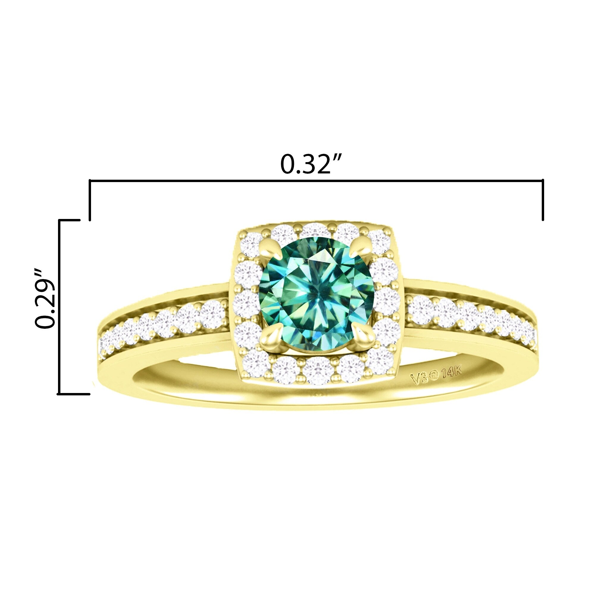Yellow Gold Round Shape Green Moissanite and White Diamond Halo Ring
