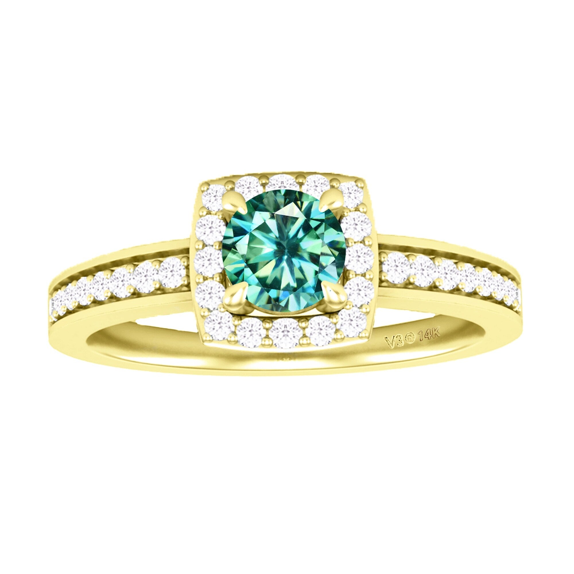 Yellow Gold Round Shape Green Moissanite and White Diamond Halo Ring
