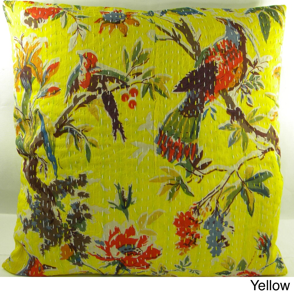 Ethnic Kantha Stitch Tropical Birds Cushion Cover , Handmade in India