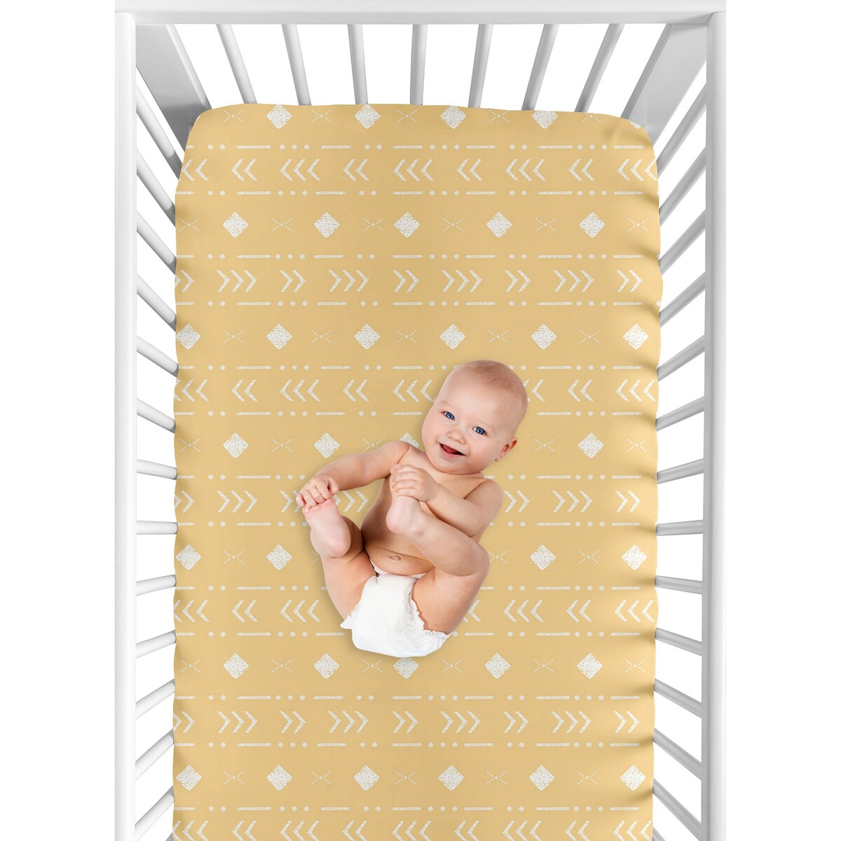 Yellow Tribal Mudcloth Fitted Crib Sheet Mustard Orange White Woodland Bohemian Southwest Geometric Arrow Gender Neutral Aztec