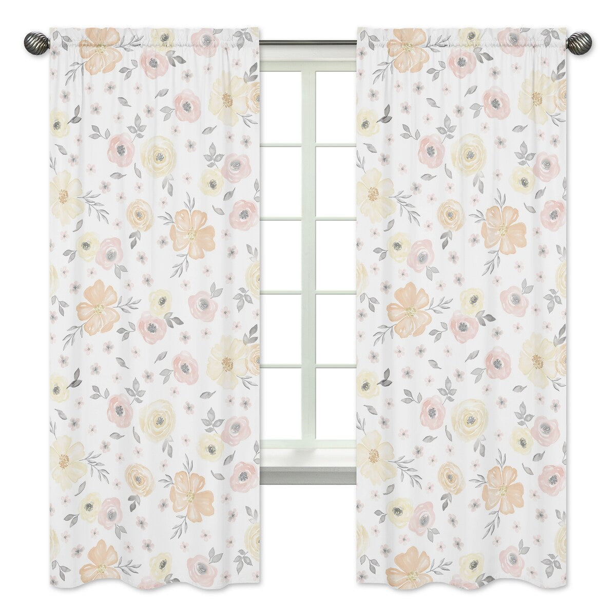 Yellow and Pink Watercolor Floral 84in Window Treatment Curtain Panel Pair - Blush Peach Grey Shabby Chic Rose Flower Farmhouse