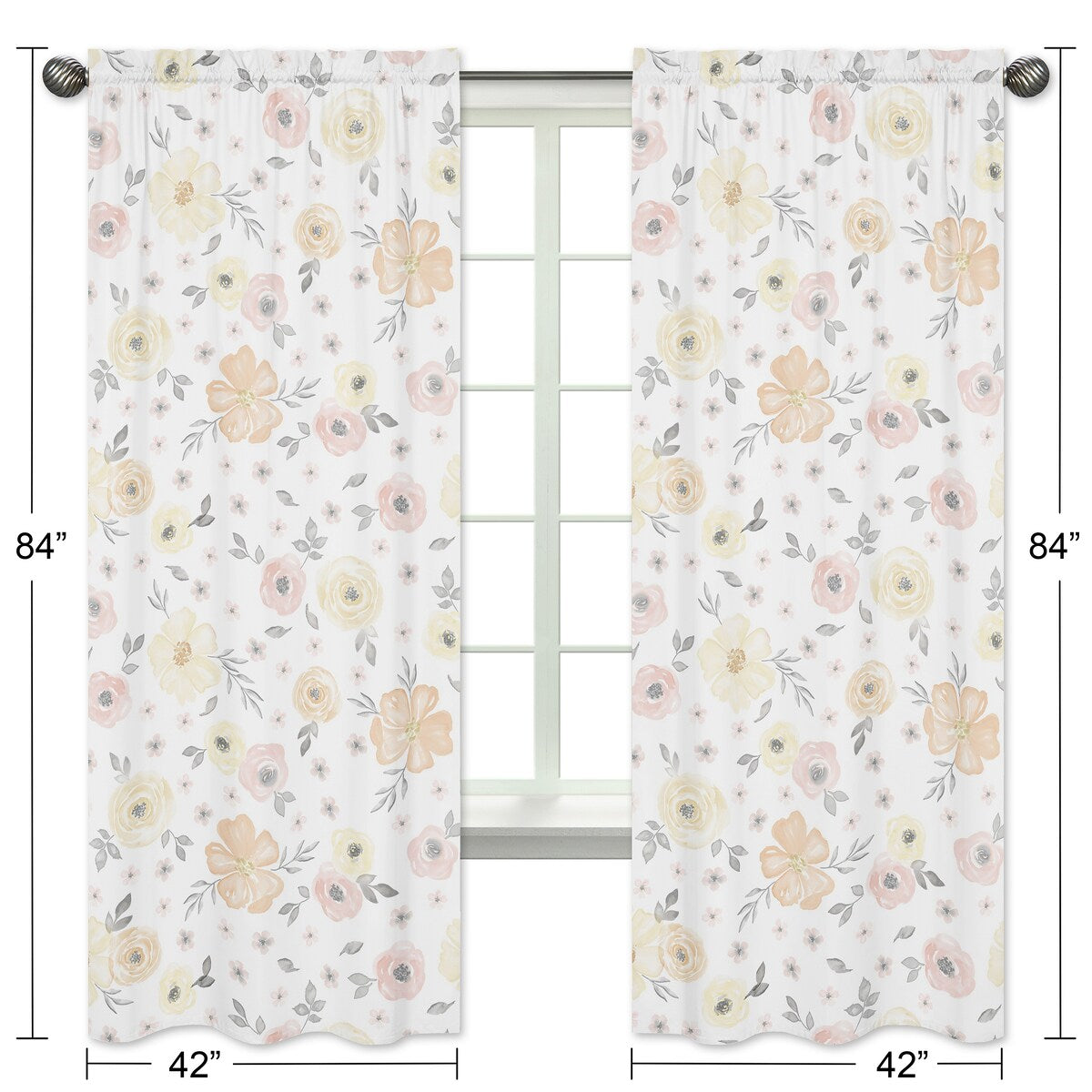Yellow and Pink Watercolor Floral 84in Window Treatment Curtain Panel Pair - Blush Peach Grey Shabby Chic Rose Flower Farmhouse