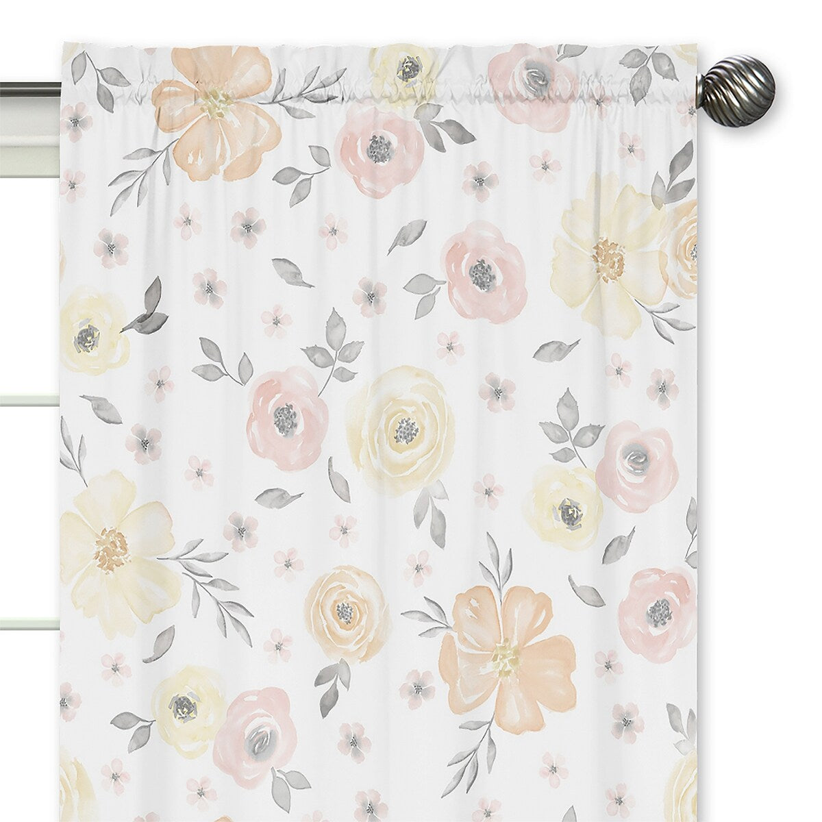 Yellow and Pink Watercolor Floral 84in Window Treatment Curtain Panel Pair - Blush Peach Grey Shabby Chic Rose Flower Farmhouse