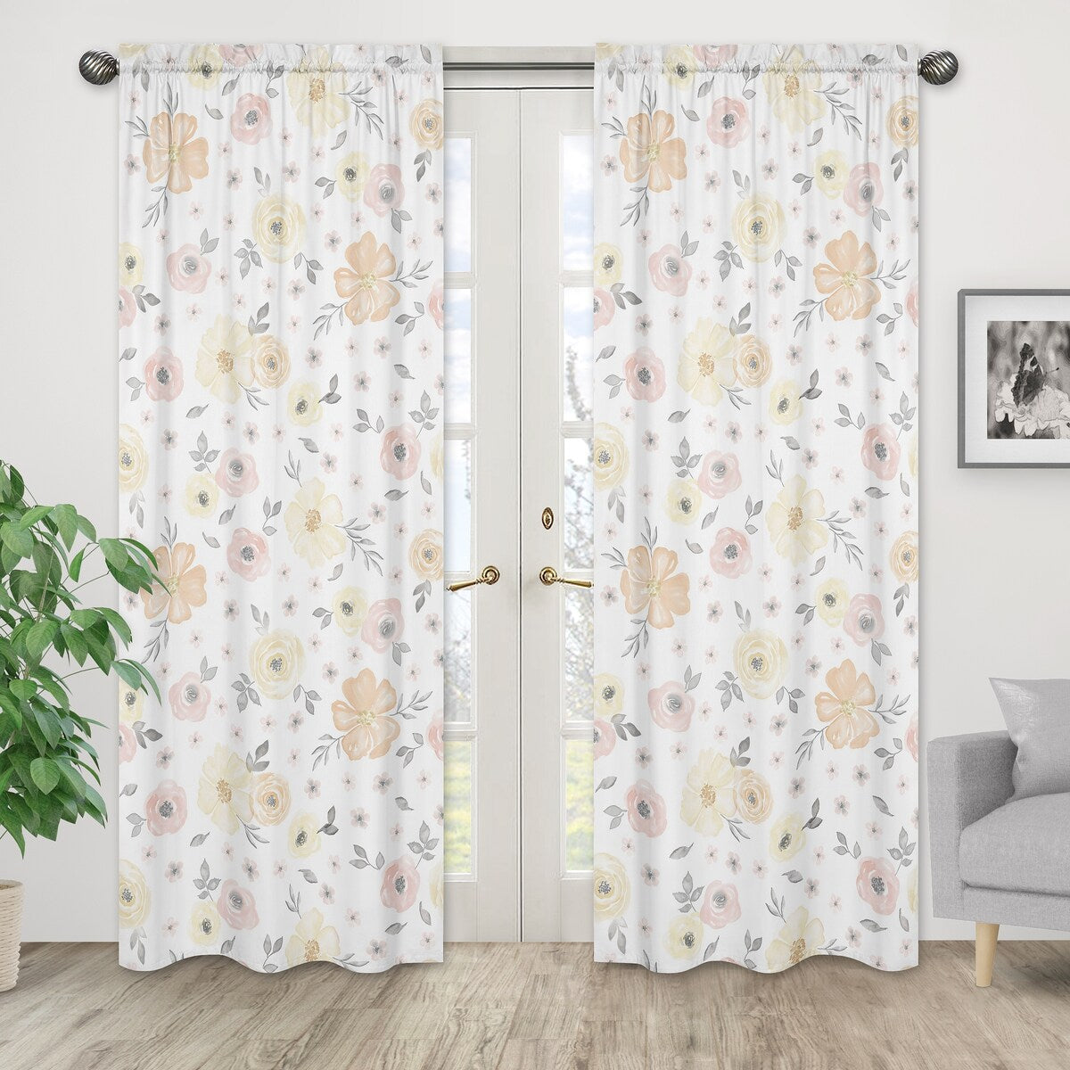 Yellow and Pink Watercolor Floral 84in Window Treatment Curtain Panel Pair - Blush Peach Grey Shabby Chic Rose Flower Farmhouse