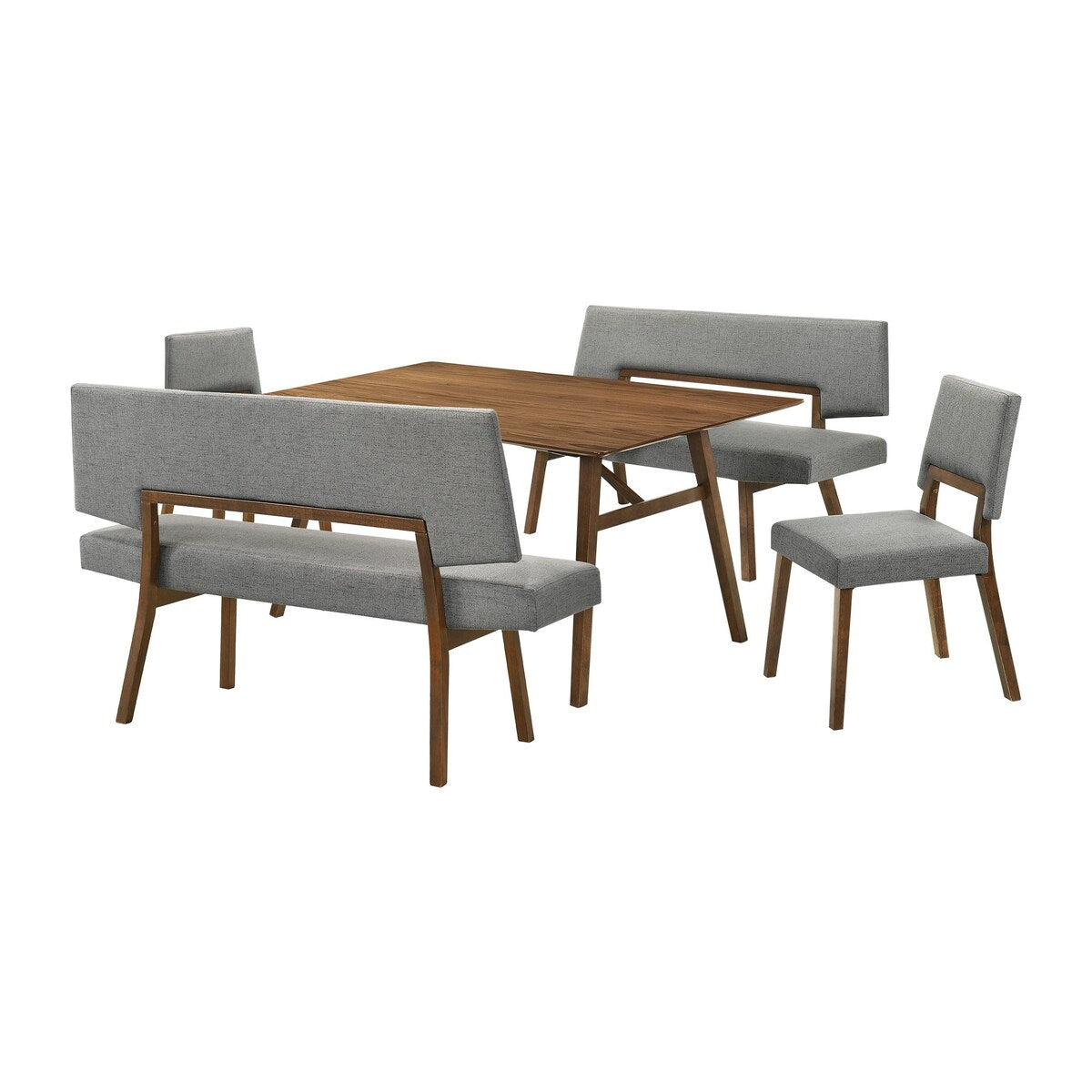 Yumi 5 Piece Dining Table Set, Chairs and Benches, Gray Fabric, Wood Brown