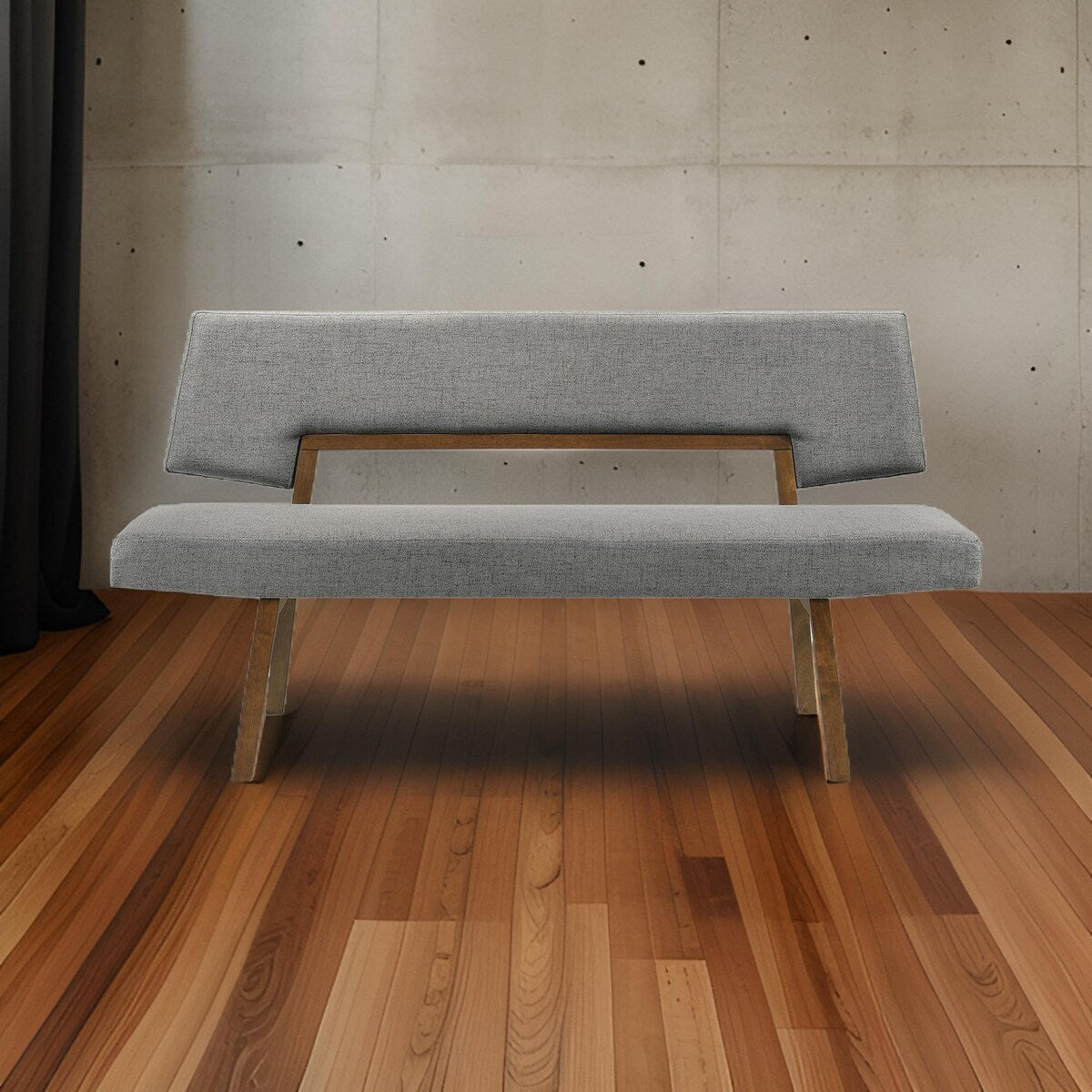 Yumi 63 Inch Dining Bench, Seat and Back with Charcoal Fabric, Walnut