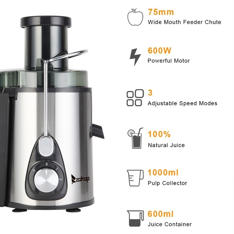 ZOKOP 600W Juicer Machines with 3'' Wide Mouth, Dual Speed Centrifugal Juicer Stainless Steel Easy to Clean