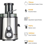ZOKOP 600W Juicer Machines with 3'' Wide Mouth, Dual Speed Centrifugal Juicer Stainless Steel Easy to Clean