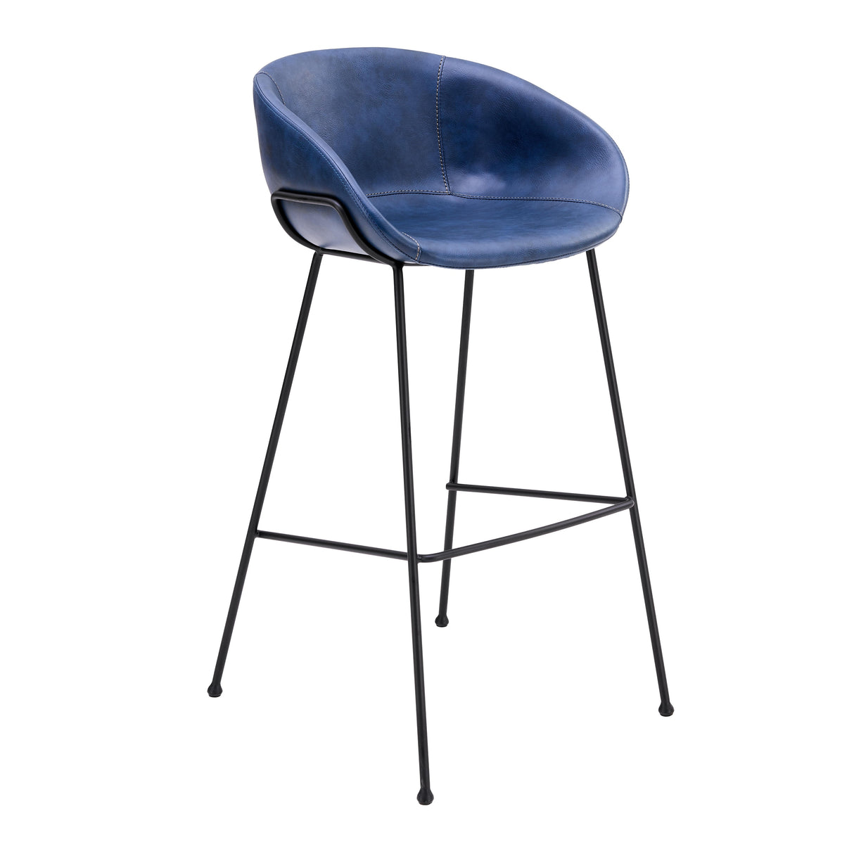 Zach Bar Stool with Dark Blue Leatherette and Matte Black Powder Coated Steel Frame and Legs - Set of 2