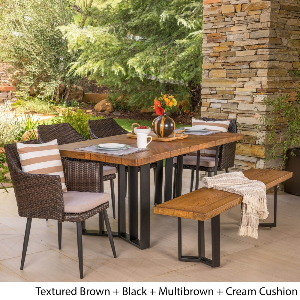 Zander Outdoor Dining Set with Dining Table and Bench/Wicker Dining Chairs by Christopher Knight Home