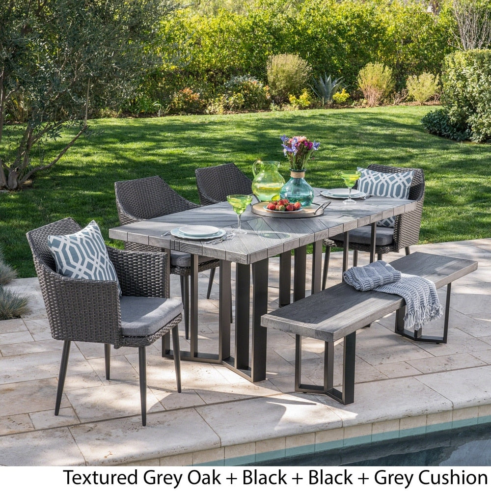 Zander Outdoor Dining Set with Dining Table and Bench/Wicker Dining Chairs by Christopher Knight Home