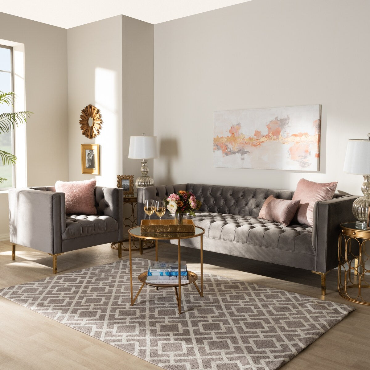 Zanetta Glam and Luxe Gray Velvet Upholstered Gold Finished 2-Piece Sofa and Lounge Chair Set